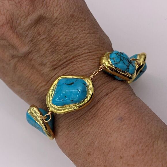 Bracelet, new item, real turquoise, natural, gold setting, statement siz… - Picture 1 of 15
